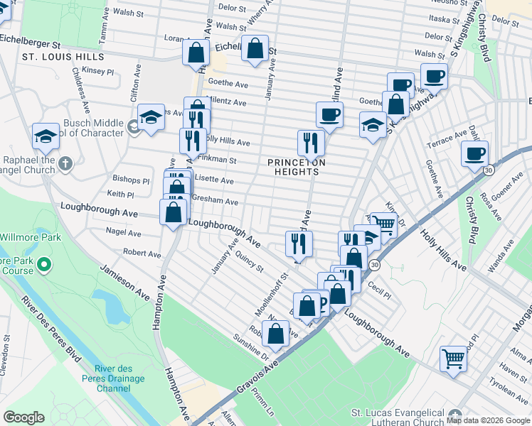 map of restaurants, bars, coffee shops, grocery stores, and more near 6420 Bonita Avenue in St. Louis