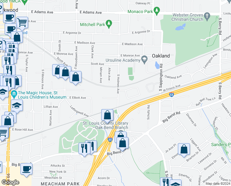 map of restaurants, bars, coffee shops, grocery stores, and more near 491 South Holmes Avenue in Kirkwood