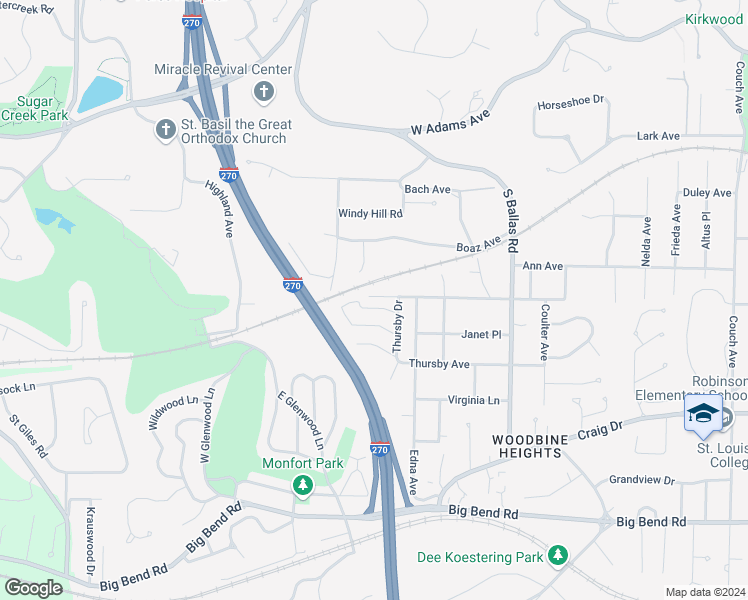map of restaurants, bars, coffee shops, grocery stores, and more near 1956 Greenpoint Drive in Kirkwood
