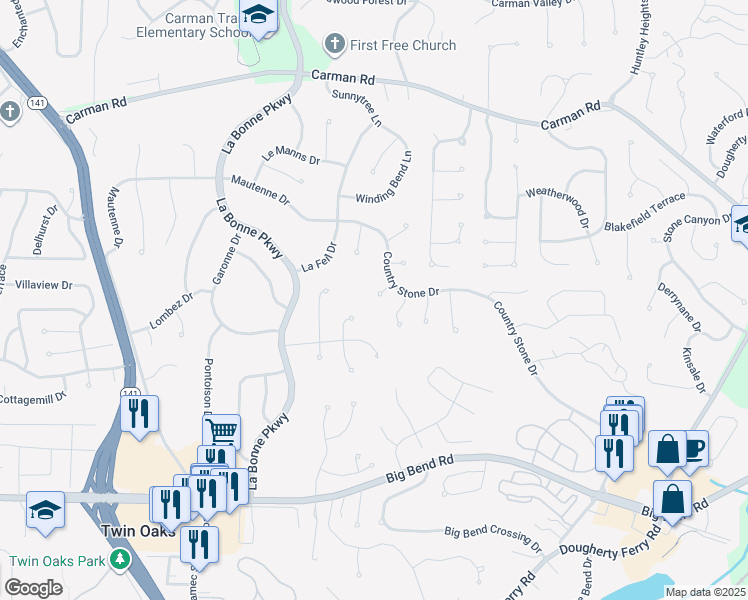 map of restaurants, bars, coffee shops, grocery stores, and more near 884 Almond Hill Court in Ballwin