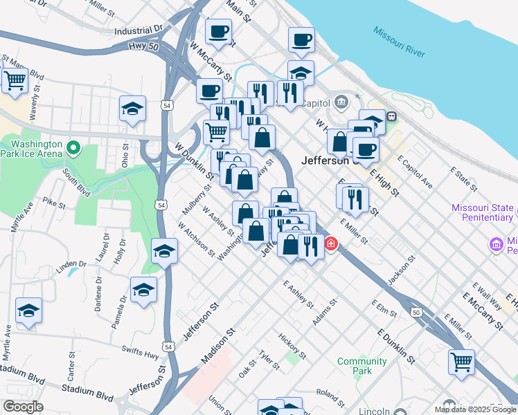 map of restaurants, bars, coffee shops, grocery stores, and more near 126 West Dunklin Street in Jefferson City