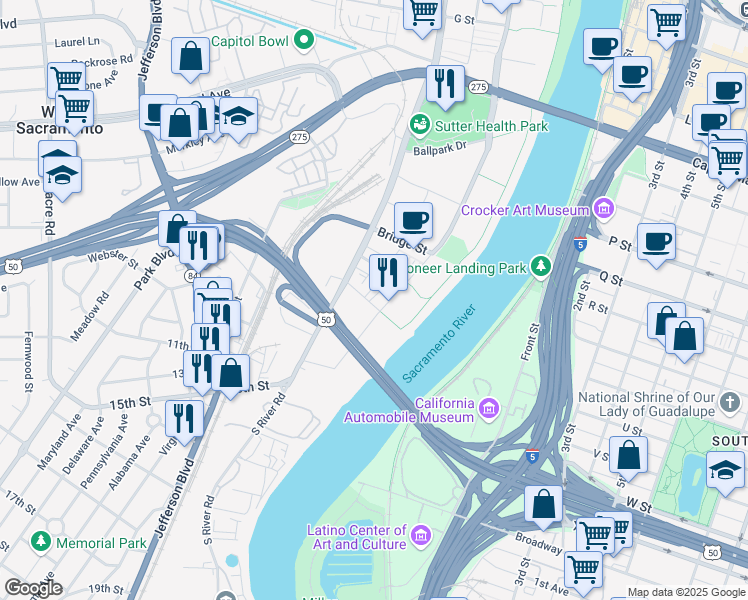 map of restaurants, bars, coffee shops, grocery stores, and more near 1030 S River Rd in West Sacramento