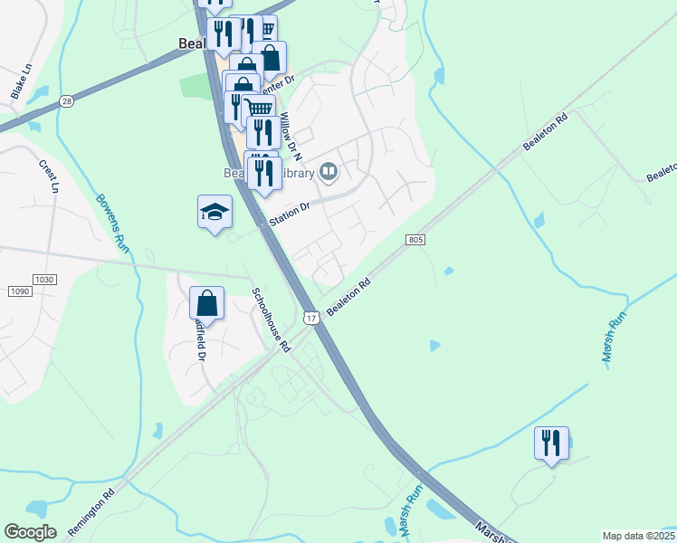 map of restaurants, bars, coffee shops, grocery stores, and more near 6170 Willow Place in Bealeton