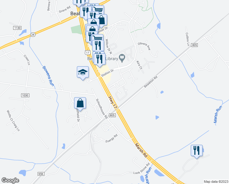 map of restaurants, bars, coffee shops, grocery stores, and more near 6185 Willow Place in Bealeton
