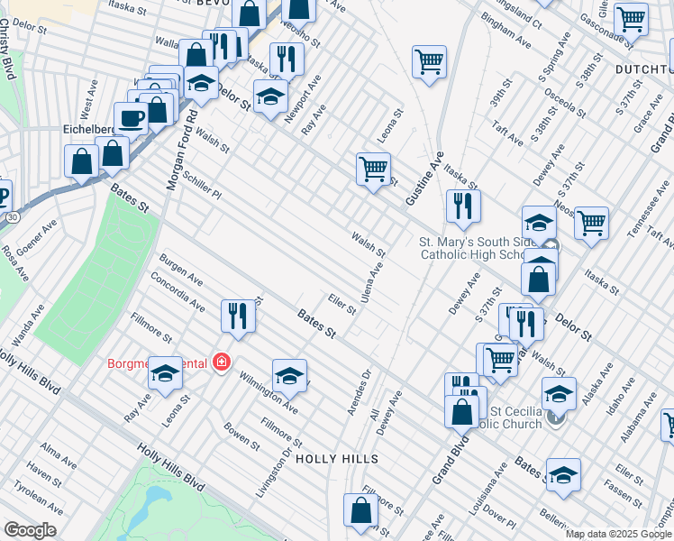 map of restaurants, bars, coffee shops, grocery stores, and more near 3945 Schiller Place in St. Louis