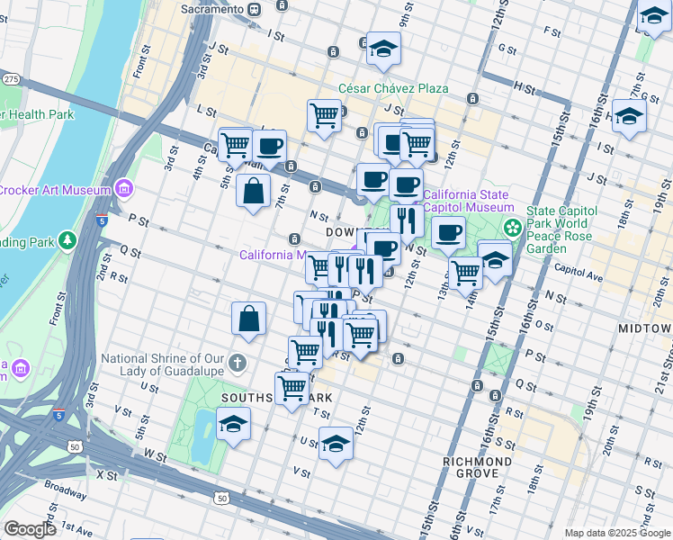 map of restaurants, bars, coffee shops, grocery stores, and more near 901 P Street in Sacramento