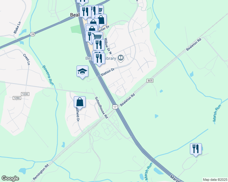 map of restaurants, bars, coffee shops, grocery stores, and more near 6185 Willow Place in Bealeton