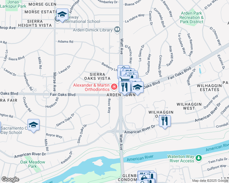 map of restaurants, bars, coffee shops, grocery stores, and more near 460 Ross Way in Sacramento