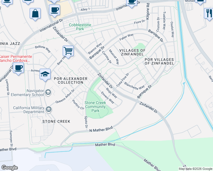 map of restaurants, bars, coffee shops, grocery stores, and more near 3520 Riojo Way in Rancho Cordova