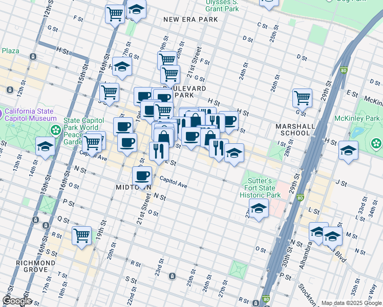 map of restaurants, bars, coffee shops, grocery stores, and more near 2211 L Street in Sacramento