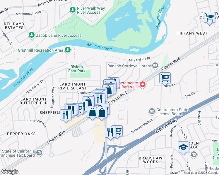 map of restaurants, bars, coffee shops, grocery stores, and more near 2842 Bradshaw Road in Sacramento