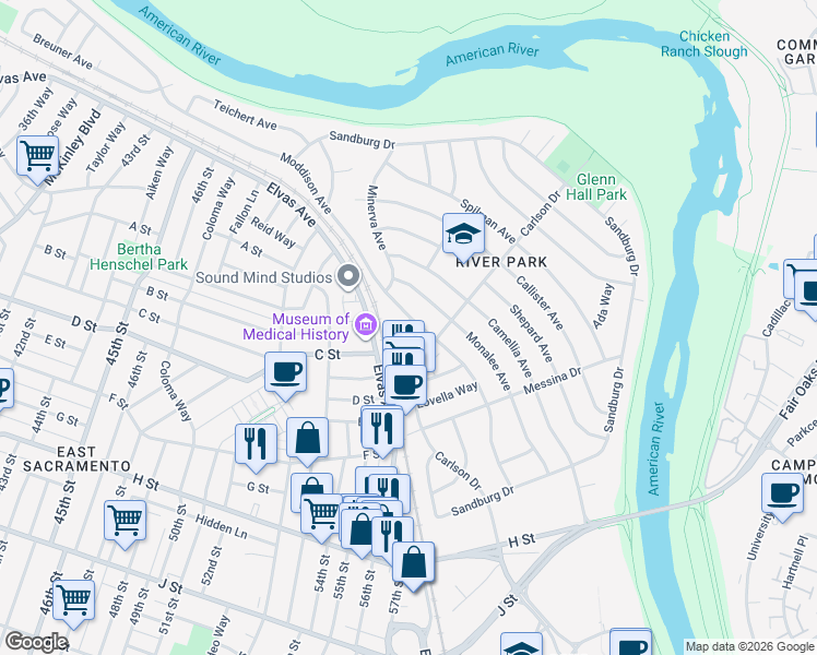 map of restaurants, bars, coffee shops, grocery stores, and more near 5481 Carlson Drive in Sacramento