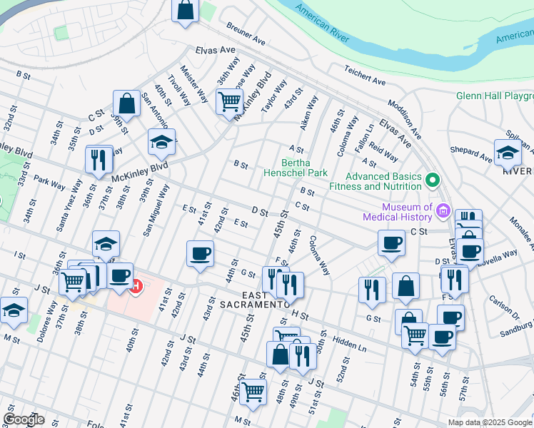 map of restaurants, bars, coffee shops, grocery stores, and more near 430 45th Street in Sacramento