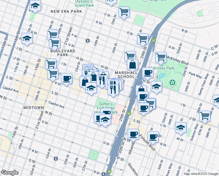 map of restaurants, bars, coffee shops, grocery stores, and more near 2708 J Street in Sacramento