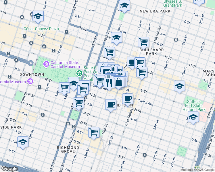 map of restaurants, bars, coffee shops, grocery stores, and more near 1809 Capitol Avenue in Sacramento