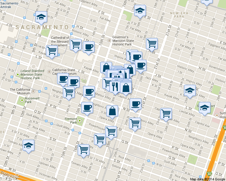 map of restaurants, bars, coffee shops, grocery stores, and more near 1714 Capitol Avenue in Sacramento