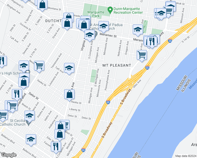 map of restaurants, bars, coffee shops, grocery stores, and more near 4522 Minnesota Avenue in St. Louis