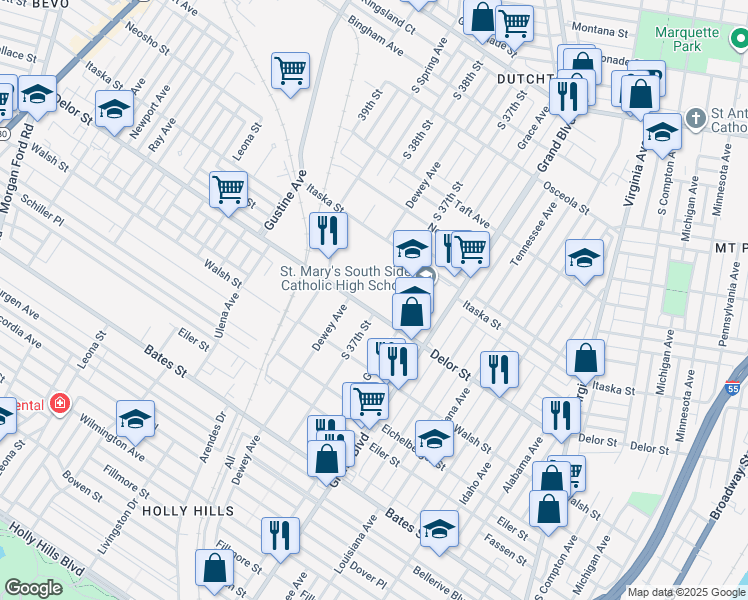 map of restaurants, bars, coffee shops, grocery stores, and more near 5018 Dewey Avenue in St. Louis