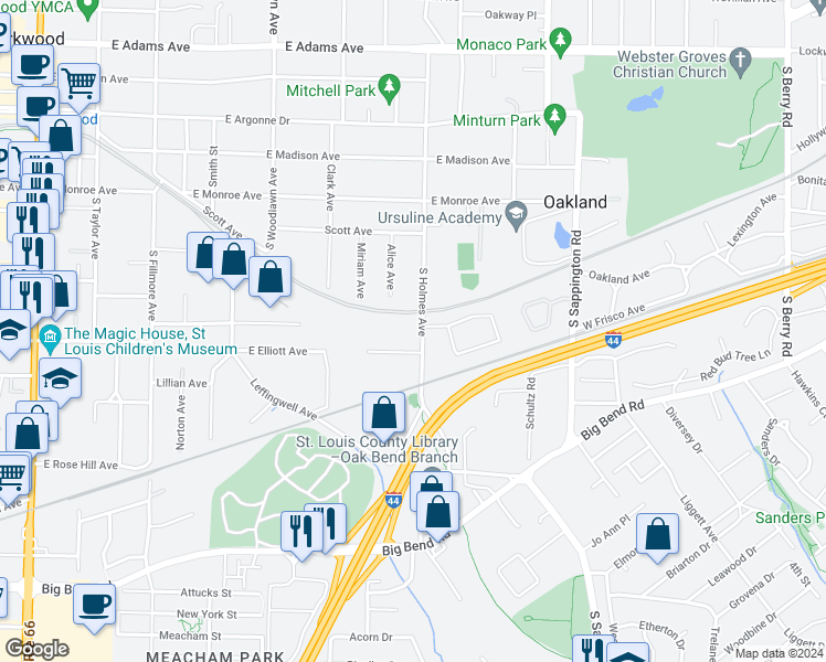 map of restaurants, bars, coffee shops, grocery stores, and more near 491 South Holmes Avenue in Kirkwood