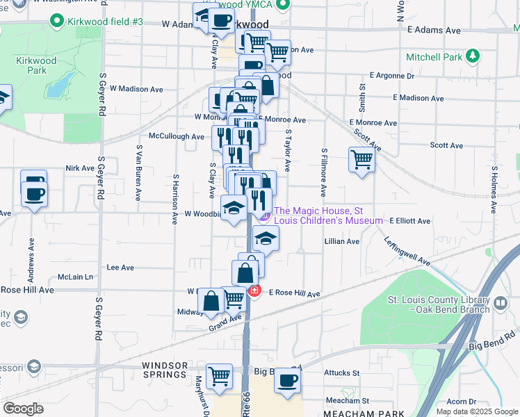 map of restaurants, bars, coffee shops, grocery stores, and more near in Kirkwood