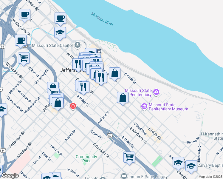 map of restaurants, bars, coffee shops, grocery stores, and more near 310 Adams St in Jefferson City
