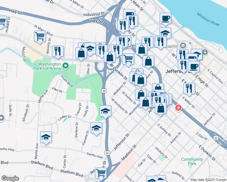 map of restaurants, bars, coffee shops, grocery stores, and more near West Hess Way in Jefferson City