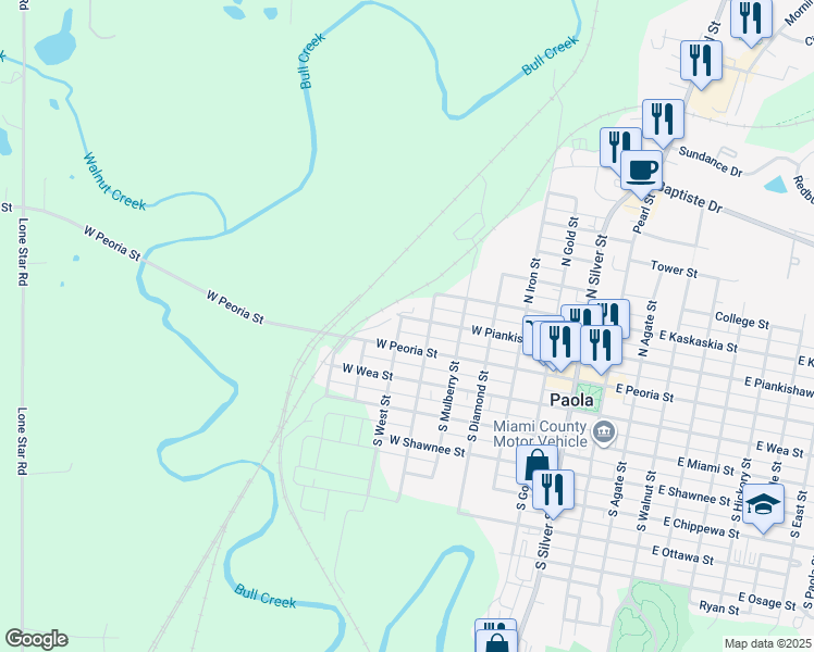 map of restaurants, bars, coffee shops, grocery stores, and more near 608 West Peoria Street in Paola