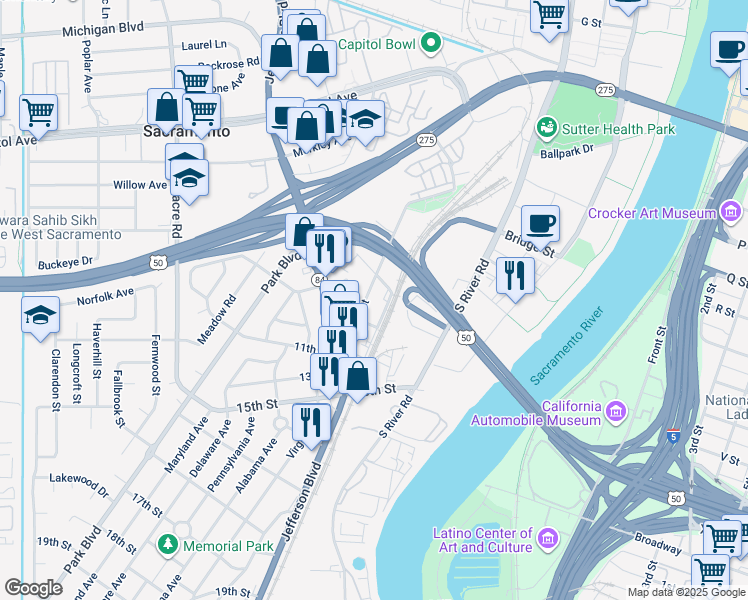 map of restaurants, bars, coffee shops, grocery stores, and more near in West Sacramento