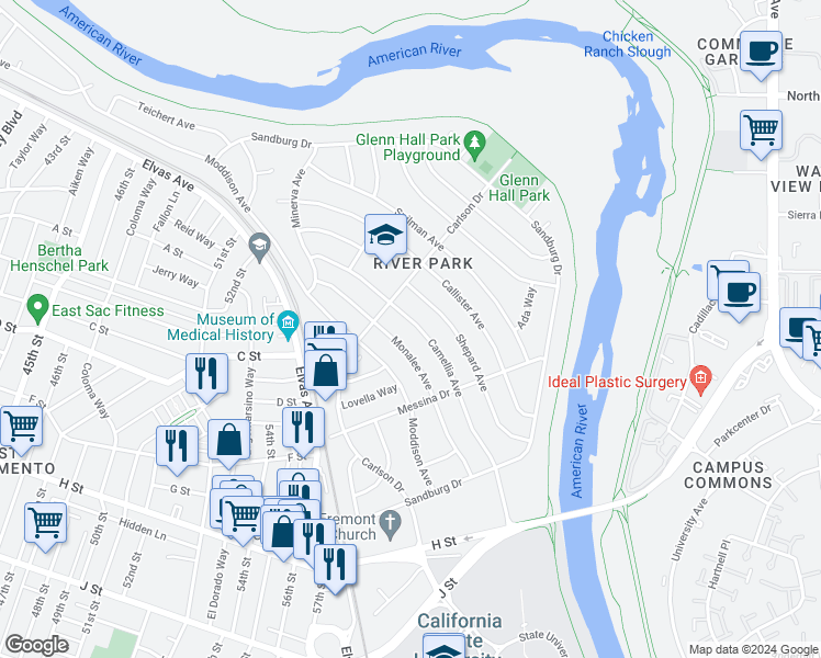 map of restaurants, bars, coffee shops, grocery stores, and more near 5508 Camellia Avenue in Sacramento