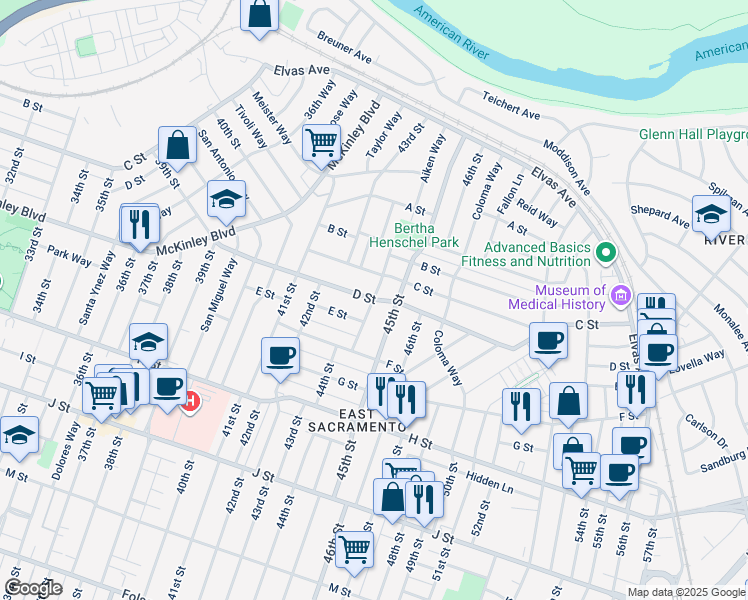 map of restaurants, bars, coffee shops, grocery stores, and more near 430 45th Street in Sacramento