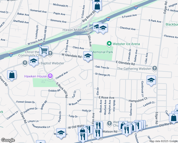 map of restaurants, bars, coffee shops, grocery stores, and more near 59 Webster Acres in Webster Groves