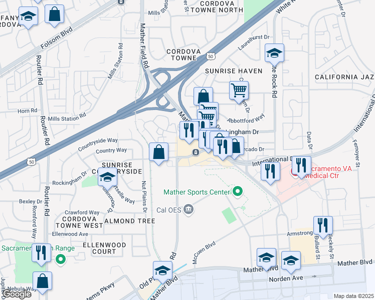 map of restaurants, bars, coffee shops, grocery stores, and more near 10293 Rockingham Dr in Sacramento