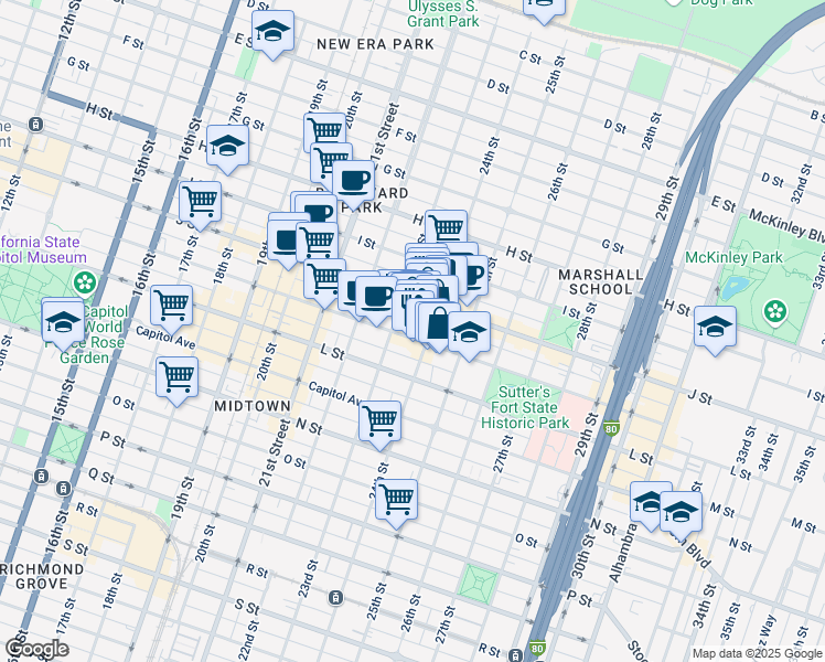 map of restaurants, bars, coffee shops, grocery stores, and more near 2318 K Street in Sacramento