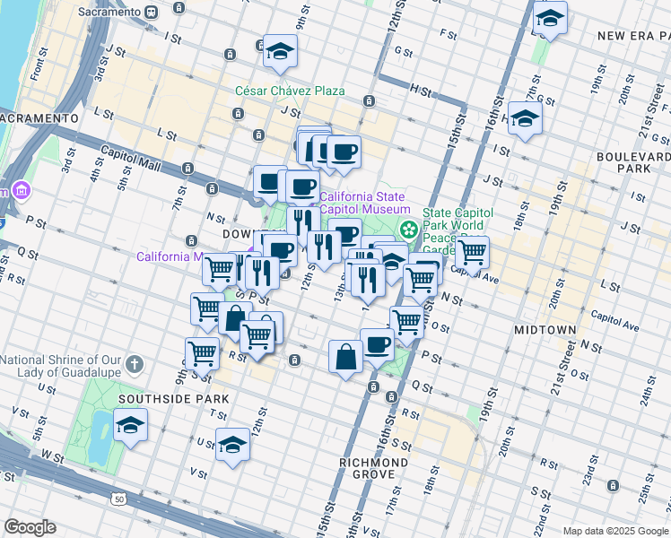 map of restaurants, bars, coffee shops, grocery stores, and more near 1228 N Street in Sacramento