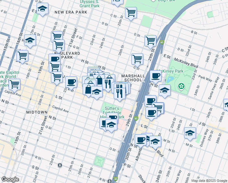 map of restaurants, bars, coffee shops, grocery stores, and more near 2612 J Street in Sacramento