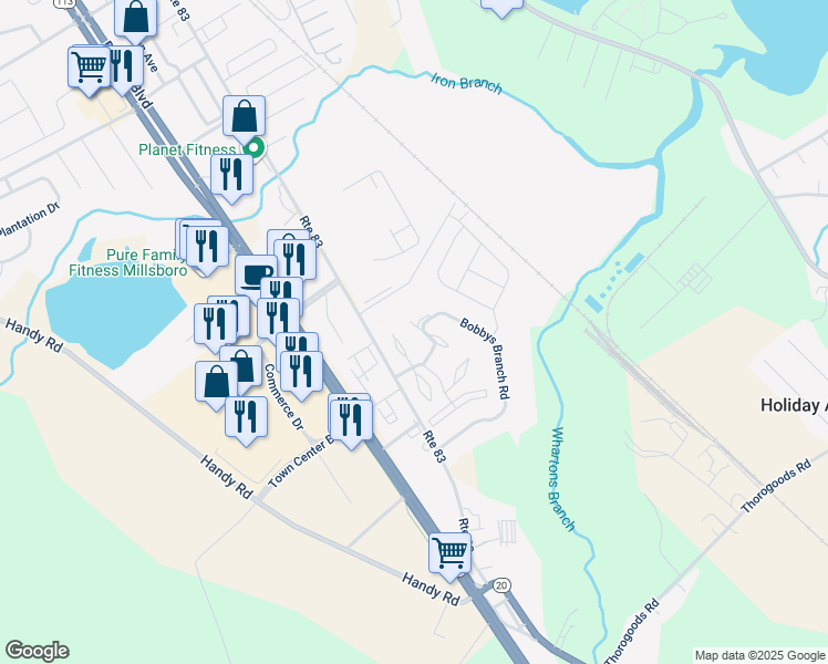 map of restaurants, bars, coffee shops, grocery stores, and more near 104 Lauras Court in Millsboro