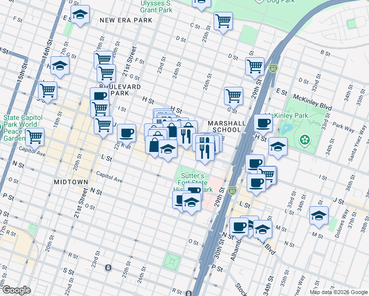 map of restaurants, bars, coffee shops, grocery stores, and more near J Street & 26th Street in Sacramento