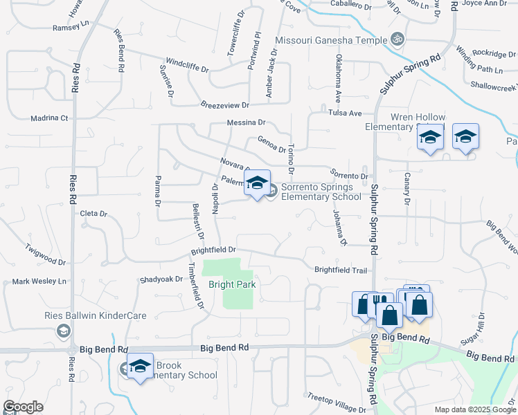 map of restaurants, bars, coffee shops, grocery stores, and more near 390 Tumulty Drive in Ballwin
