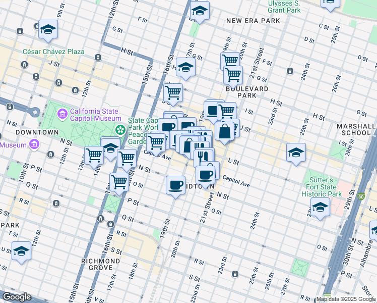 map of restaurants, bars, coffee shops, grocery stores, and more near 1913 Capitol Avenue in Sacramento