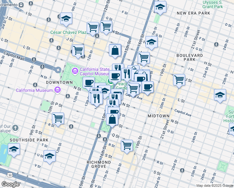 map of restaurants, bars, coffee shops, grocery stores, and more near 1500 Capitol Avenue in Sacramento