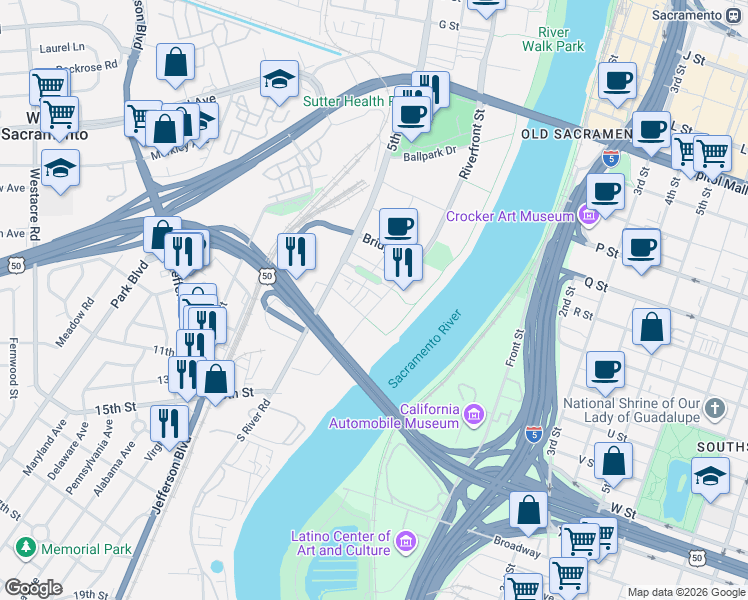 map of restaurants, bars, coffee shops, grocery stores, and more near 998 Riverfront Street in West Sacramento