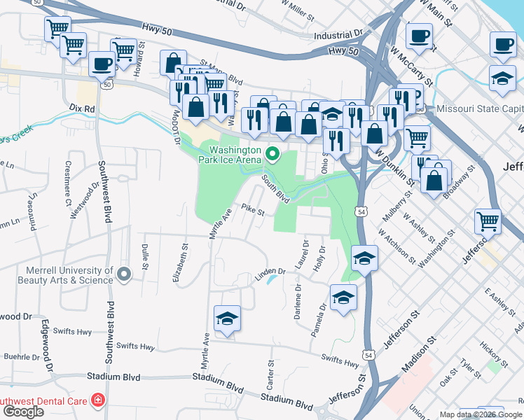 map of restaurants, bars, coffee shops, grocery stores, and more near 903 Coplen Court in Jefferson City
