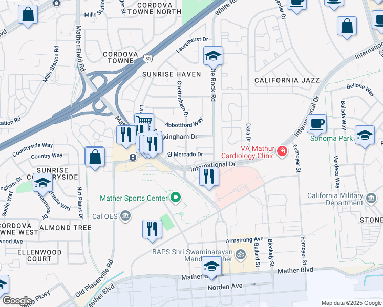 map of restaurants, bars, coffee shops, grocery stores, and more near 10460 El Mercado Drive in Rancho Cordova