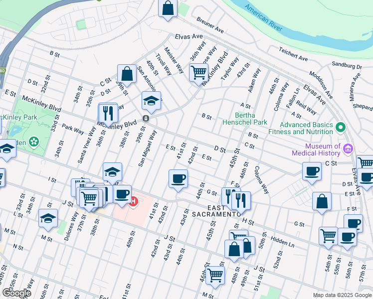map of restaurants, bars, coffee shops, grocery stores, and more near 537 41st Street in Sacramento