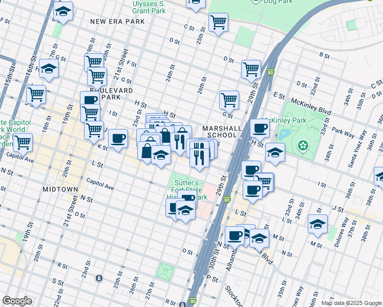map of restaurants, bars, coffee shops, grocery stores, and more near 2612 J Street in Sacramento