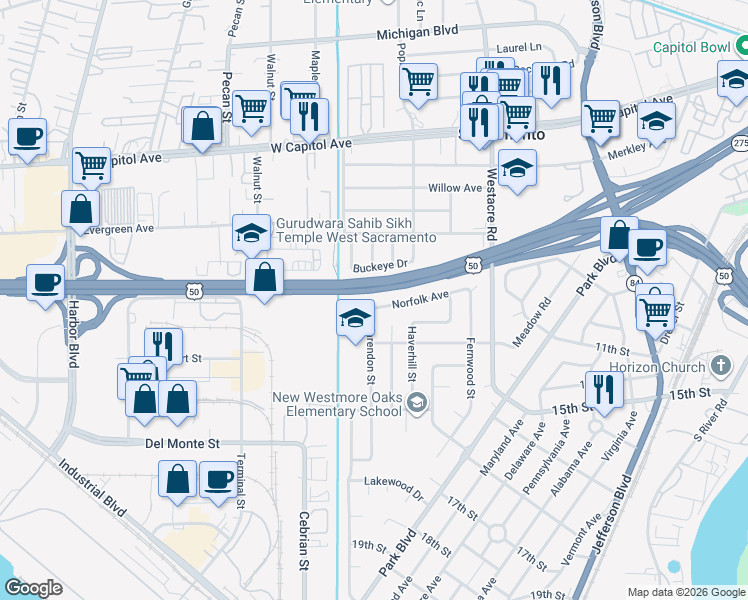 map of restaurants, bars, coffee shops, grocery stores, and more near 1100 Clarendon Street in West Sacramento