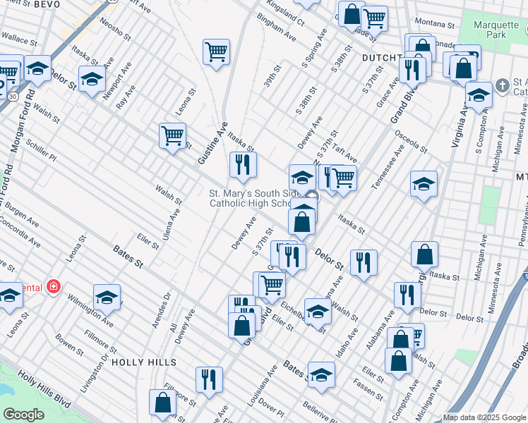 map of restaurants, bars, coffee shops, grocery stores, and more near 5018 Dewey Avenue in St. Louis