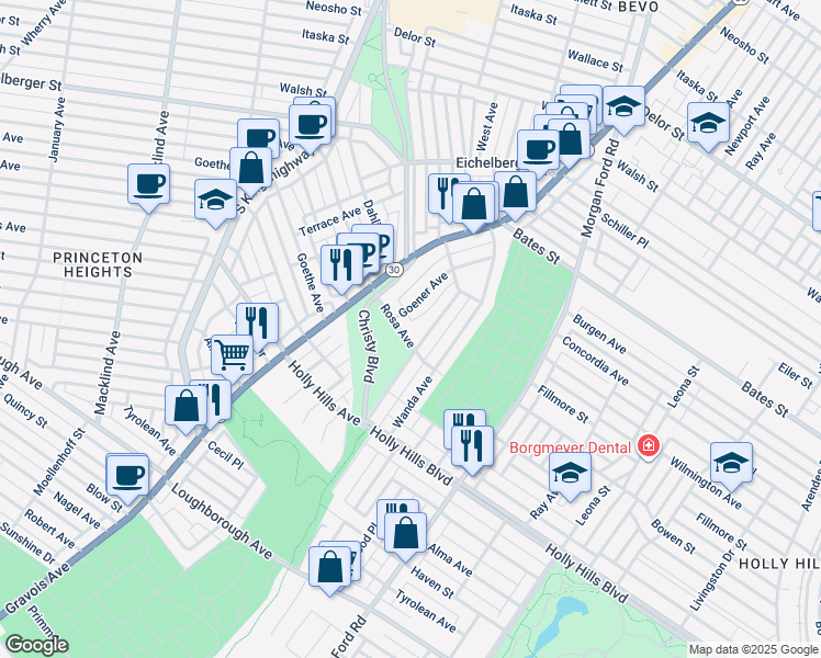 map of restaurants, bars, coffee shops, grocery stores, and more near 6220 Christy Boulevard in St. Louis