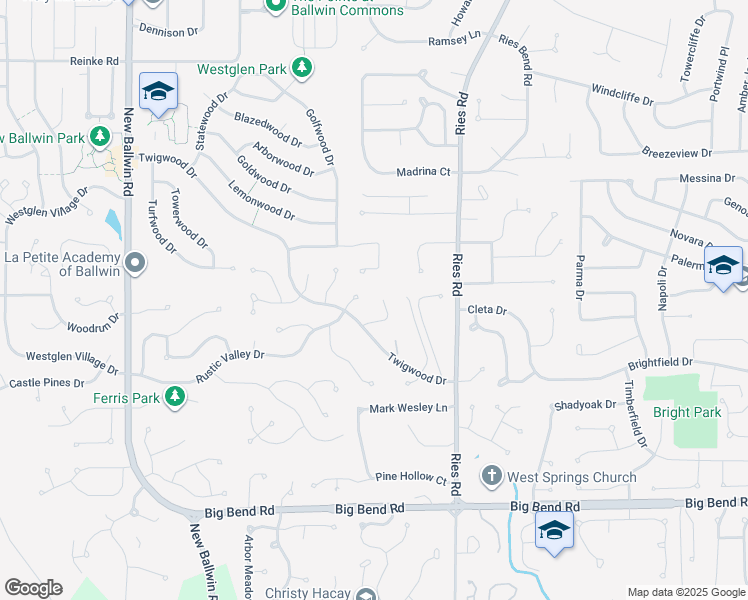 map of restaurants, bars, coffee shops, grocery stores, and more near 463 Down Hill Drive in Ballwin