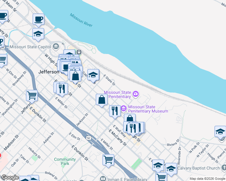 map of restaurants, bars, coffee shops, grocery stores, and more near 126 Marshall Street in Jefferson City